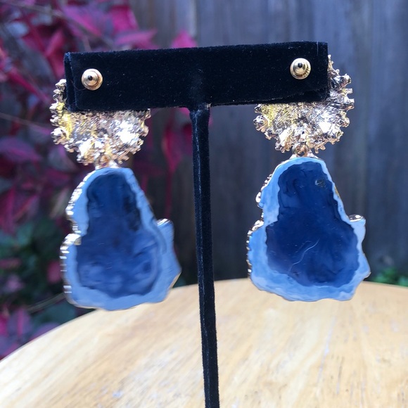 NWT- Blue Agate Slice Gold Statement Earrings Druzy Stud Boho Glam - Picture 4 of 4